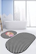 - RealHomes - Realhomes  Popcake Kız Motifli Dama Temalı 2'li Oval Kaymaz Tabanlı Banyo & Mutfak Paspas Takımı Realhomes