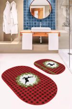 - RealHomes - Realhomes  Kırmızı Ekose Motifli Yılbaşı Temalı Geyik Tasarımlı 2'li Oval Kaymaz Tabanlı Banyo & Mutfak Paspas Takımı Realhomes