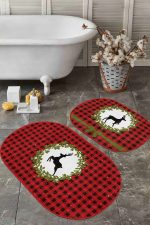 - RealHomes - Realhomes  Kırmızı Ekose Motifli Yılbaşı Temalı Geyik Tasarımlı 2'li Oval Kaymaz Tabanlı Banyo & Mutfak Paspas Takımı Realhomes