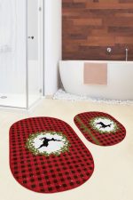 - RealHomes - Realhomes  Kırmızı Ekose Motifli Yılbaşı Temalı Geyik Tasarımlı 2'li Oval Kaymaz Tabanlı Banyo & Mutfak Paspas Takımı Realhomes