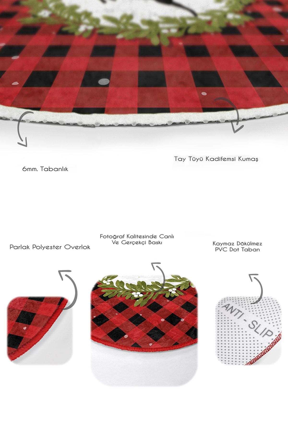 Kırmızı Ekose Motifli Yılbaşı Temalı Geyik Tasarımlı 2'li Oval Kaymaz Tabanlı Banyo & Mutfak Paspas Takımı Realhomes
