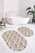 - RealHomes - Realhomes Kırmızı Gül Çam Yaprakları Gold Çan Detaylı 2'li Oval Kaymaz Tabanlı Banyo & Mutfak Paspas Takımı Realhomes