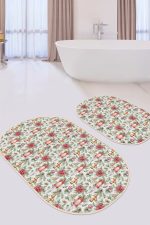 - RealHomes - Realhomes Kırmızı Gül Çam Yaprakları Gold Çan Detaylı 2'li Oval Kaymaz Tabanlı Banyo & Mutfak Paspas Takımı Realhomes