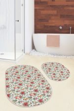 - RealHomes - Realhomes Kırmızı Gül Çam Yaprakları Gold Çan Detaylı 2'li Oval Kaymaz Tabanlı Banyo & Mutfak Paspas Takımı Realhomes