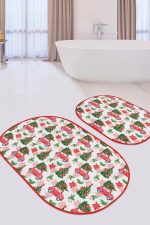 - RealHomes - Realhomes  Çam Ağacı Kırmızı Araba Dijital Baskılı 2'li Oval Kaymaz Tabanlı Banyo & Mutfak Paspas Takımı Realhomes