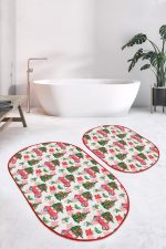 - RealHomes - Realhomes  Çam Ağacı Kırmızı Araba Dijital Baskılı 2'li Oval Kaymaz Tabanlı Banyo & Mutfak Paspas Takımı Realhomes