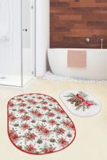 - RealHomes - Realhomes  Kırmızı Gül Kozalak Temalı Dijital Baskılı 2'li Oval Kaymaz Tabanlı Banyo & Mutfak Paspas Takımı Realhomes