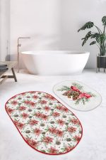 - RealHomes - Realhomes  Kırmızı Gül Kozalak Temalı Dijital Baskılı 2'li Oval Kaymaz Tabanlı Banyo & Mutfak Paspas Takımı Realhomes