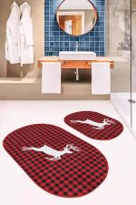 - RealHomes - Realhomes  Kırmızı Ekose Beyaz Geyik Tasarımlı 2'li Oval Kaymaz Tabanlı Banyo & Mutfak Paspas Takımı Realhomes