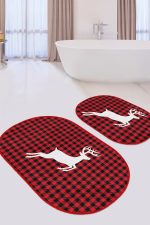 - RealHomes - Realhomes  Kırmızı Ekose Beyaz Geyik Tasarımlı 2'li Oval Kaymaz Tabanlı Banyo & Mutfak Paspas Takımı Realhomes