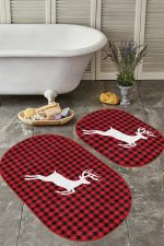 - RealHomes - Realhomes  Kırmızı Ekose Beyaz Geyik Tasarımlı 2'li Oval Kaymaz Tabanlı Banyo & Mutfak Paspas Takımı Realhomes