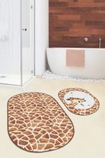 - RealHomes - Realhomes Kahverengi Zebra Motifli Dijital Baskılı 2'li Oval Kaymaz Tabanlı Banyo & Mutfak Paspas Takımı Realhomes