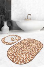 - RealHomes - Realhomes Kahverengi Zebra Motifli Dijital Baskılı 2'li Oval Kaymaz Tabanlı Banyo & Mutfak Paspas Takımı Realhomes