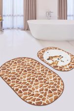 - RealHomes - Realhomes Kahverengi Zebra Motifli Dijital Baskılı 2'li Oval Kaymaz Tabanlı Banyo & Mutfak Paspas Takımı Realhomes