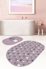 - RealHomes - Realhomes  Eflatun Zeminli Kaktüs Dijital Baskılı 2'li Oval Kaymaz Tabanlı Banyo & Mutfak Paspas Takımı Realhomes