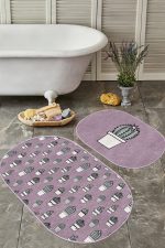 - RealHomes - Realhomes  Eflatun Zeminli Kaktüs Dijital Baskılı 2'li Oval Kaymaz Tabanlı Banyo & Mutfak Paspas Takımı Realhomes