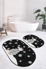 - RealHomes - Realhomes  Siyah Zemin Yılbaşı Temalı Hediye Paketleri 2'li Oval Kaymaz Tabanlı Banyo & Mutfak Paspas Takımı Realhomes