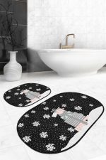 - RealHomes - Realhomes  Siyah Zemin Yılbaşı Temalı Hediye Paketleri 2'li Oval Kaymaz Tabanlı Banyo & Mutfak Paspas Takımı Realhomes