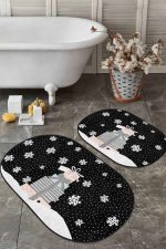 - RealHomes - Realhomes  Siyah Zemin Yılbaşı Temalı Hediye Paketleri 2'li Oval Kaymaz Tabanlı Banyo & Mutfak Paspas Takımı Realhomes