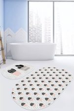 - RealHomes - Realhomes  Beyaz Zemin Puantiye Motifli Kaktüs Tasarımlı 2'li Oval Kaymaz Tabanlı Banyo & Mutfak Paspas Takımı Realhomes