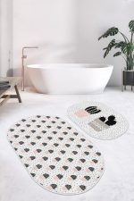 - RealHomes - Realhomes  Beyaz Zemin Puantiye Motifli Kaktüs Tasarımlı 2'li Oval Kaymaz Tabanlı Banyo & Mutfak Paspas Takımı Realhomes