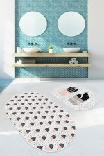 - RealHomes - Realhomes  Beyaz Zemin Puantiye Motifli Kaktüs Tasarımlı 2'li Oval Kaymaz Tabanlı Banyo & Mutfak Paspas Takımı Realhomes