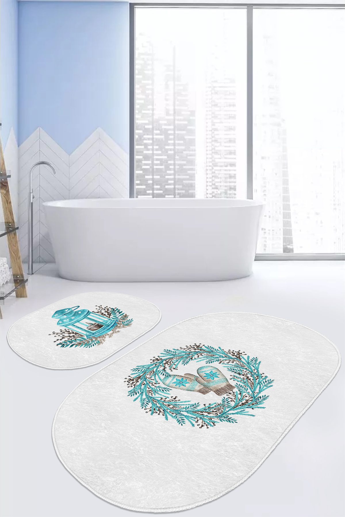 Yılbaşı Temalı Mavi Çelekli Dijital Baskılı 2'li Oval Kaymaz Tabanlı Banyo & Mutfak Paspas Takımı Realhomes