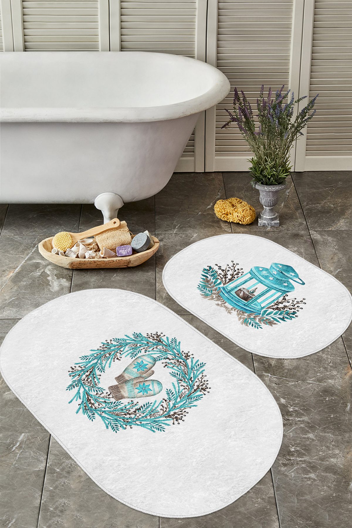 Yılbaşı Temalı Mavi Çelekli Dijital Baskılı 2'li Oval Kaymaz Tabanlı Banyo & Mutfak Paspas Takımı Realhomes