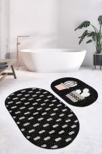 - RealHomes - Realhomes  Siyah Zemin Puantiyeli Kaktüs Tasarımlı 2'li Oval Kaymaz Tabanlı Banyo & Mutfak Paspas Takımı Realhomes