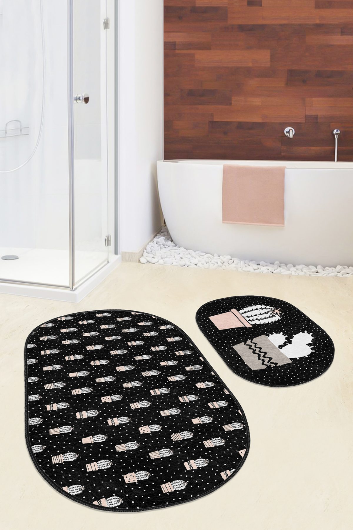 Siyah Zemin Puantiyeli Kaktüs Tasarımlı 2'li Oval Kaymaz Tabanlı Banyo & Mutfak Paspas Takımı Realhomes
