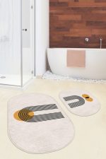 - RealHomes - Realhomes  Onedraw Çizgili Dijital Baskılı 2'li Oval Kaymaz Tabanlı Banyo & Mutfak Paspas Takımı Realhomes