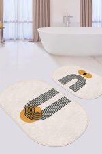 - RealHomes - Realhomes  Onedraw Çizgili Dijital Baskılı 2'li Oval Kaymaz Tabanlı Banyo & Mutfak Paspas Takımı Realhomes