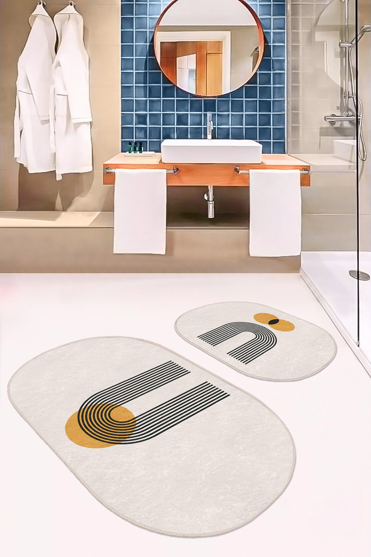 Onedraw Çizgili Dijital Baskılı 2'li Oval Kaymaz Tabanlı Banyo & Mutfak Paspas Takımı Realhomes