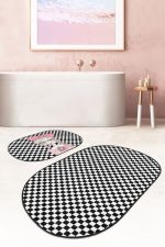 - RealHomes - Realhomes  Dama Tasarım Fotoğraf Çeken Kız Desenli 2'li Oval Kaymaz Tabanlı Banyo & Mutfak Paspas Takımı Realhomes