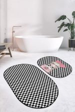 - RealHomes - Realhomes  Dama Tasarım Fotoğraf Çeken Kız Desenli 2'li Oval Kaymaz Tabanlı Banyo & Mutfak Paspas Takımı Realhomes