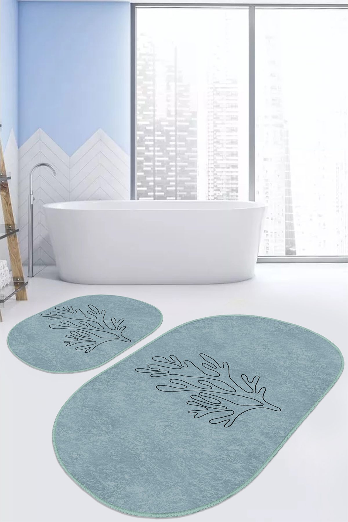 Mavi Zeminli Online Çiçek Desenli 2'li Oval Kaymaz Tabanlı Banyo & Mutfak Paspas Takımı Realhomes