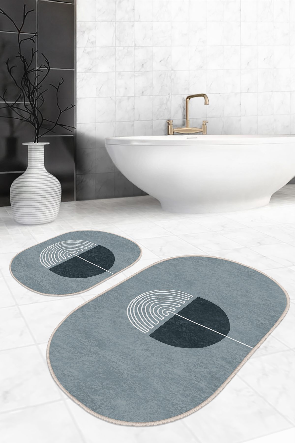 Onedraw Özel Tasarımlı Dijital Baskılı 2'li Oval Kaymaz Tabanlı Banyo & Mutfak Paspas Takımı Realhomes