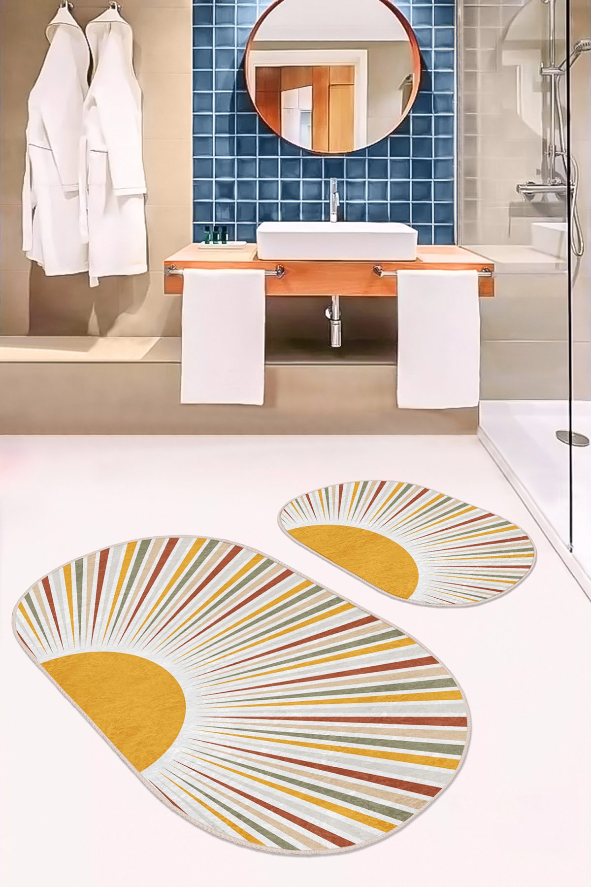 Güneş Temalı Renkli Çizimli Dijital Baskılı 2'li Oval Kaymaz Tabanlı Banyo & Mutfak Paspas Takımı Realhomes