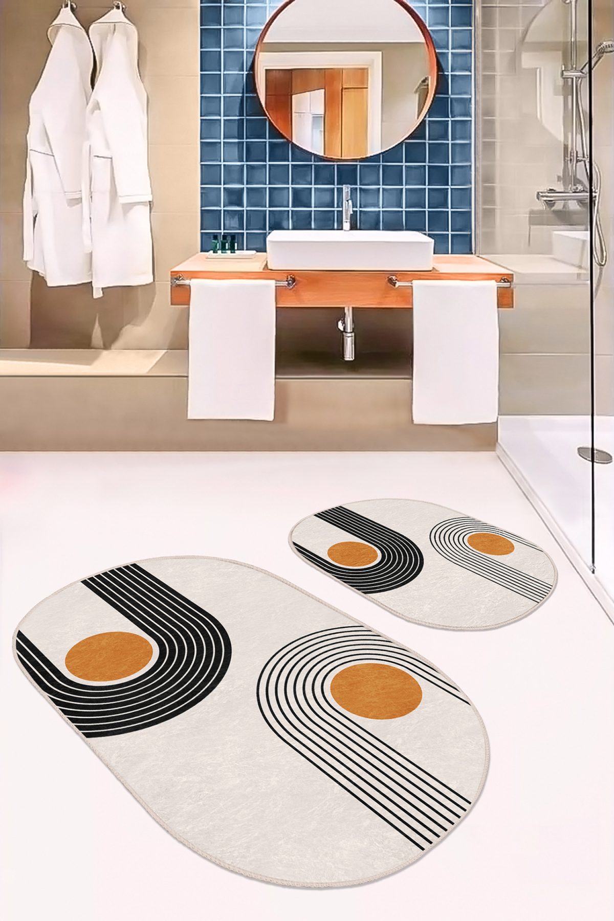 Krem Zeminli Çizgili Özel Tasarım 2'li Oval Kaymaz Tabanlı Banyo & Mutfak Paspas Takımı Realhomes