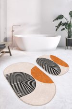 - RealHomes - Realhomes  Çizgili Onedraw Özel Tasarımlı 2'li Oval Kaymaz Tabanlı Banyo & Mutfak Paspas Takımı Realhomes