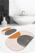 - RealHomes - Realhomes  Çizgili Onedraw Özel Tasarımlı 2'li Oval Kaymaz Tabanlı Banyo & Mutfak Paspas Takımı Realhomes