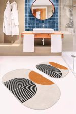 - RealHomes - Realhomes  Çizgili Onedraw Özel Tasarımlı 2'li Oval Kaymaz Tabanlı Banyo & Mutfak Paspas Takımı Realhomes