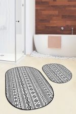 - RealHomes - Realhomes Geometrik Çizgili İskandinav Temalı 2'li Oval Kaymaz Tabanlı Banyo & Mutfak Paspas Takımı Realhomes