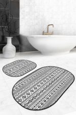 - RealHomes - Realhomes Geometrik Çizgili İskandinav Temalı 2'li Oval Kaymaz Tabanlı Banyo & Mutfak Paspas Takımı Realhomes