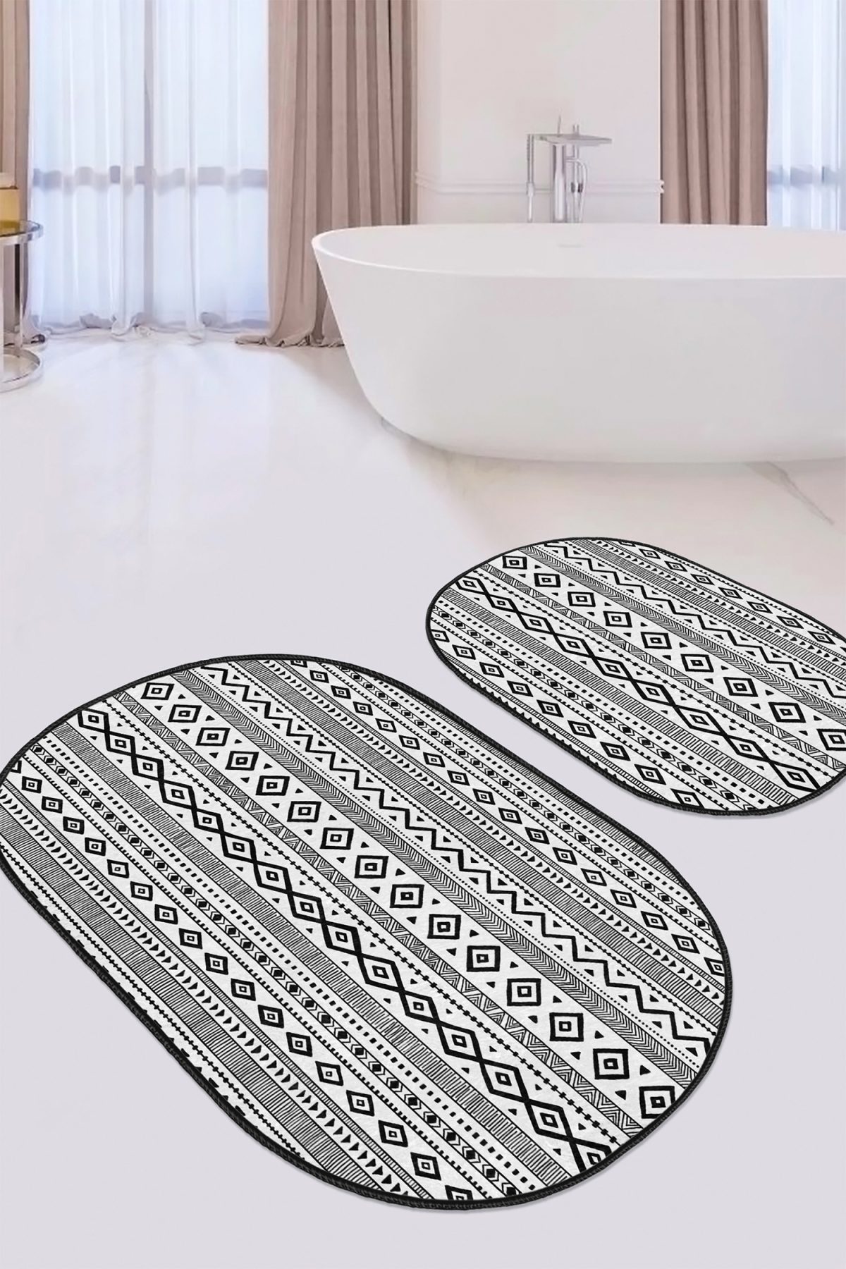 Geometrik Çizgili İskandinav Temalı 2'li Oval Kaymaz Tabanlı Banyo & Mutfak Paspas Takımı Realhomes