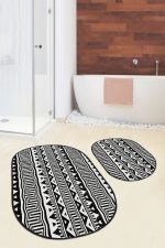 - RealHomes - Realhomes  Siyah Beyaz İskandinav Motifli Dijital Baskılı 2'li Oval Kaymaz Tabanlı Banyo & Mutfak Paspas Takımı Realhomes