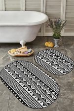 - RealHomes - Realhomes  Siyah Beyaz İskandinav Motifli Dijital Baskılı 2'li Oval Kaymaz Tabanlı Banyo & Mutfak Paspas Takımı Realhomes