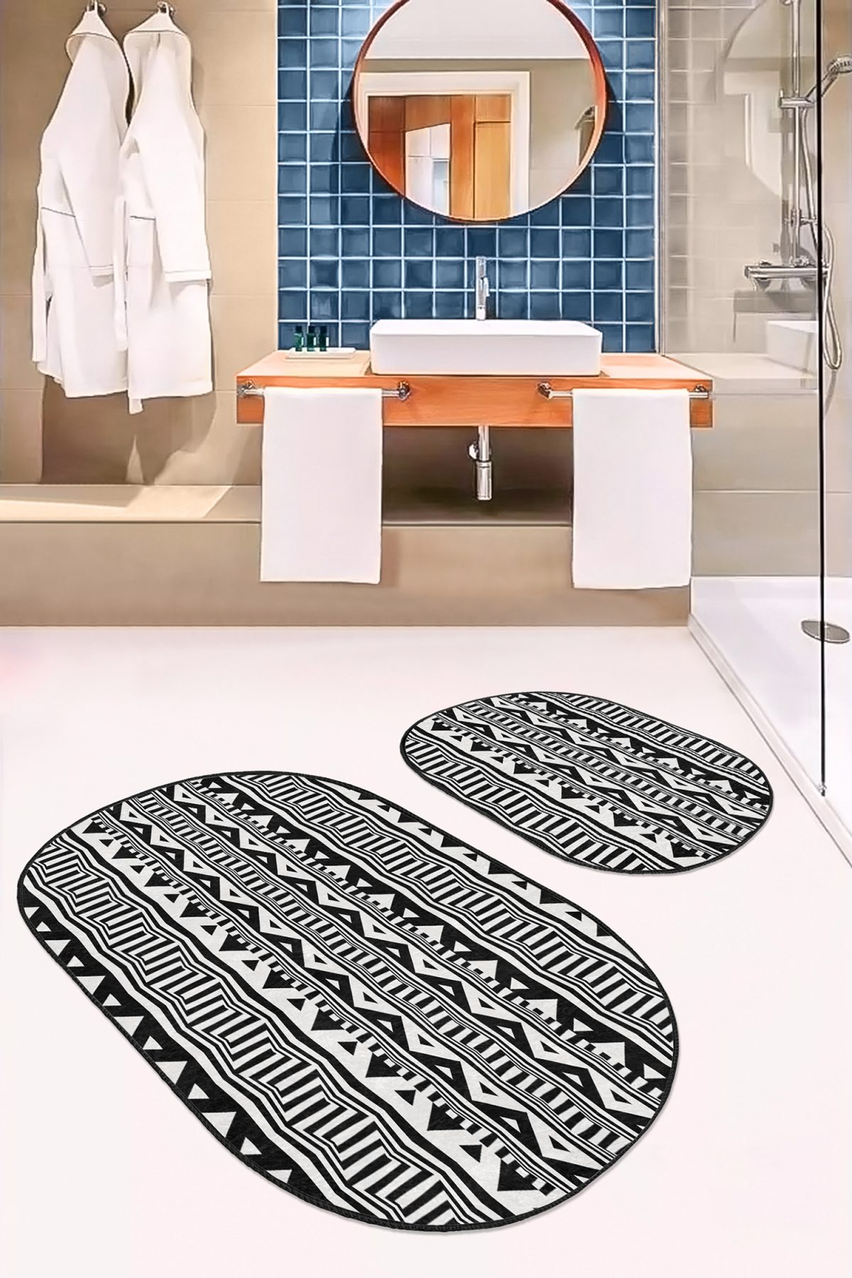 Siyah Beyaz İskandinav Motifli Dijital Baskılı 2'li Oval Kaymaz Tabanlı Banyo & Mutfak Paspas Takımı Realhomes