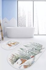- RealHomes - Realhomes  Kış Temalı Bağ Evi Tasarımlı Dijital Baskılı 2'li Oval Kaymaz Tabanlı Banyo & Mutfak Paspas Takımı Realhomes