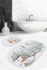 - RealHomes - Realhomes  Kış Temalı Bağ Evi Tasarımlı Dijital Baskılı 2'li Oval Kaymaz Tabanlı Banyo & Mutfak Paspas Takımı Realhomes